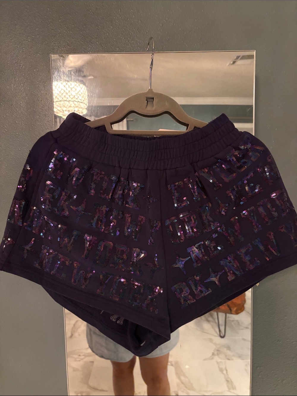 QUEEN OF SPARKLES Navy Sequin Logo Athletic Shorts